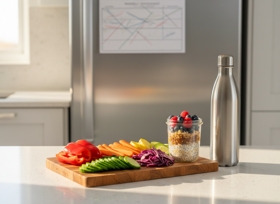 A polished kitchen countertop transformed into a practical wellness station, featuring a wooden cutting board with freshly sliced colorful vegetables, a clear glass container of overnight oats topped with berries, and a stainless-steel water bottle standing upright.