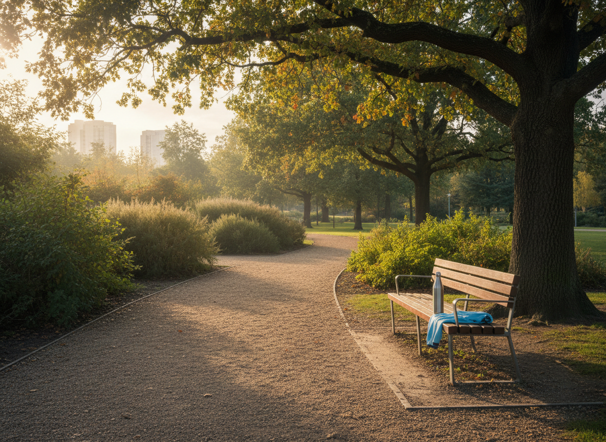 A tranquil outdoor pathway at a leafy urban park, with a well-maintained gravel trail curving gently into the distance, bordered by mixed-height shrubs and mature trees in early morning light.