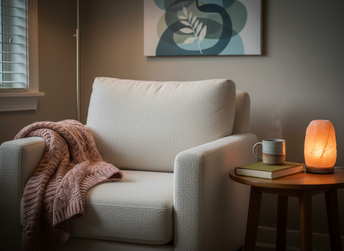 A cozy reading nook designed for emotional and intellectual wellness, showcasing a plush, textured armchair with a folded knit throw resting over one arm, a small round side table holding a closed hardcover book, a ceramic mug of herbal tea, and a softly glowing salt lamp.