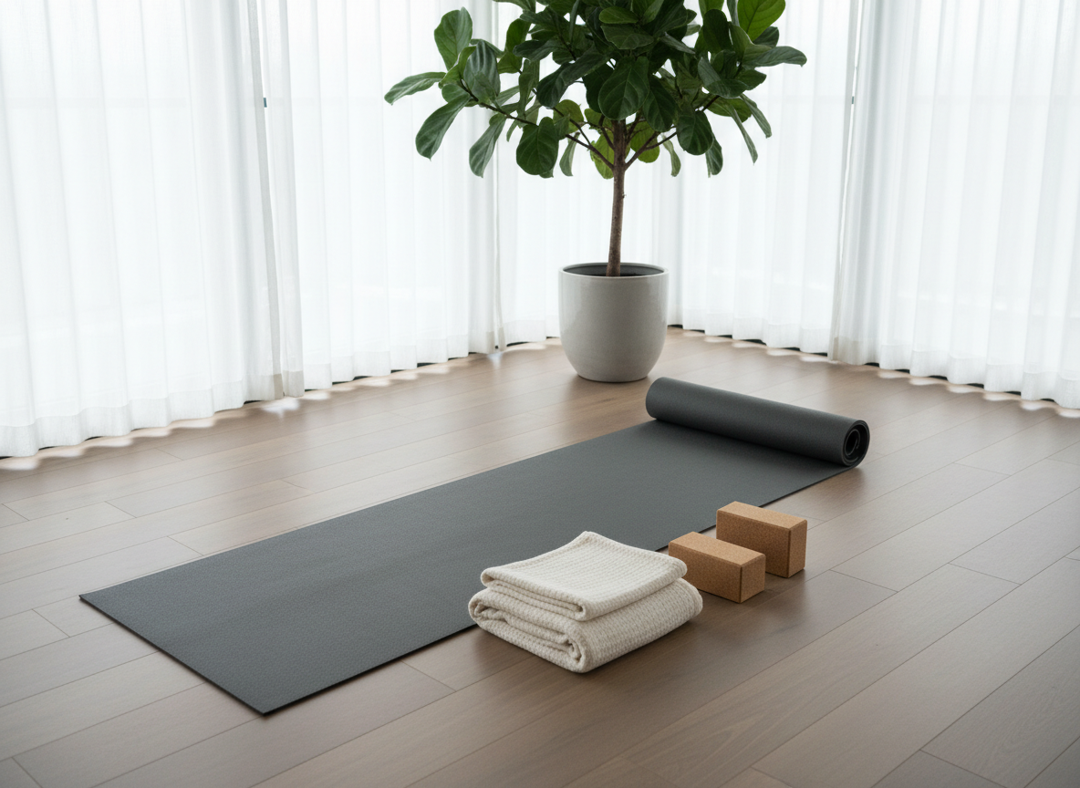 A serene corner of a modern living room set up for restorative stretching, with a charcoal-gray yoga mat unrolled on matte hardwood flooring, a neatly folded cotton blanket, and a pair of cork yoga blocks aligned beside it.