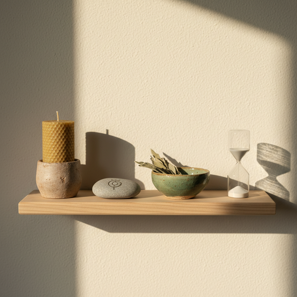 A simple home altar-style shelf representing spiritual and reflective wellness, featuring an unlit beeswax candle in a matte ceramic holder, a smooth river stone etched with an abstract symbol of balance (no text), a small bowl with sage-green leaves, and a minimalist hourglass. The shelf is mounted on a pale wall near a window where late-afternoon light spills in, producing gentle, elongated shadows and a soft glow on the candle’s surface. Photographic realism, centered composition with shallow depth of field, conveying stillness, intention, and inner alignment as part of everyday life, with no human figures or written words.