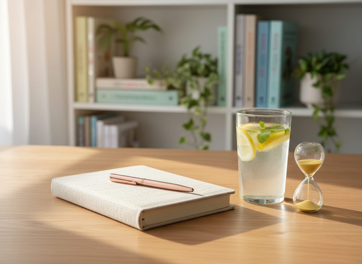 A neatly arranged wellness workspace on a light oak desk, featuring a closed linen-covered journal with a slim pen resting diagonally across it, a glass of infused water with lemon slices, and a small sand timer mid-flow. In the background, a soft-focus bookshelf holds balanced rows of health and mindset books alongside a few leafy plants. Gentle morning light filters through an unseen window, creating soft highlights on the glass and warm reflections in the wood grain. Photographic realism, eye-level composition with shallow depth of field, calm and professional mood, conveying preparation and real-life progress planning without any human presence.